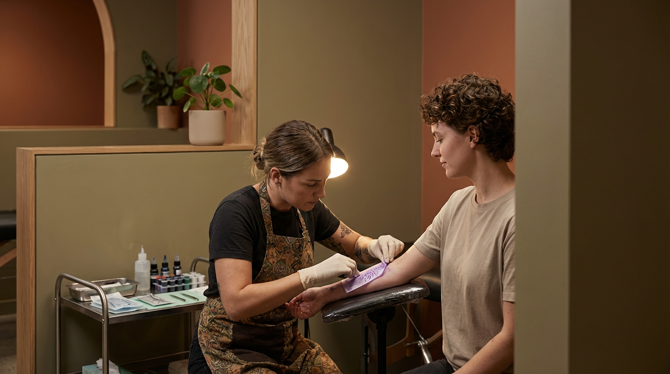 A woman getting a tattoo on her arm from an artist in a tattoo studio.