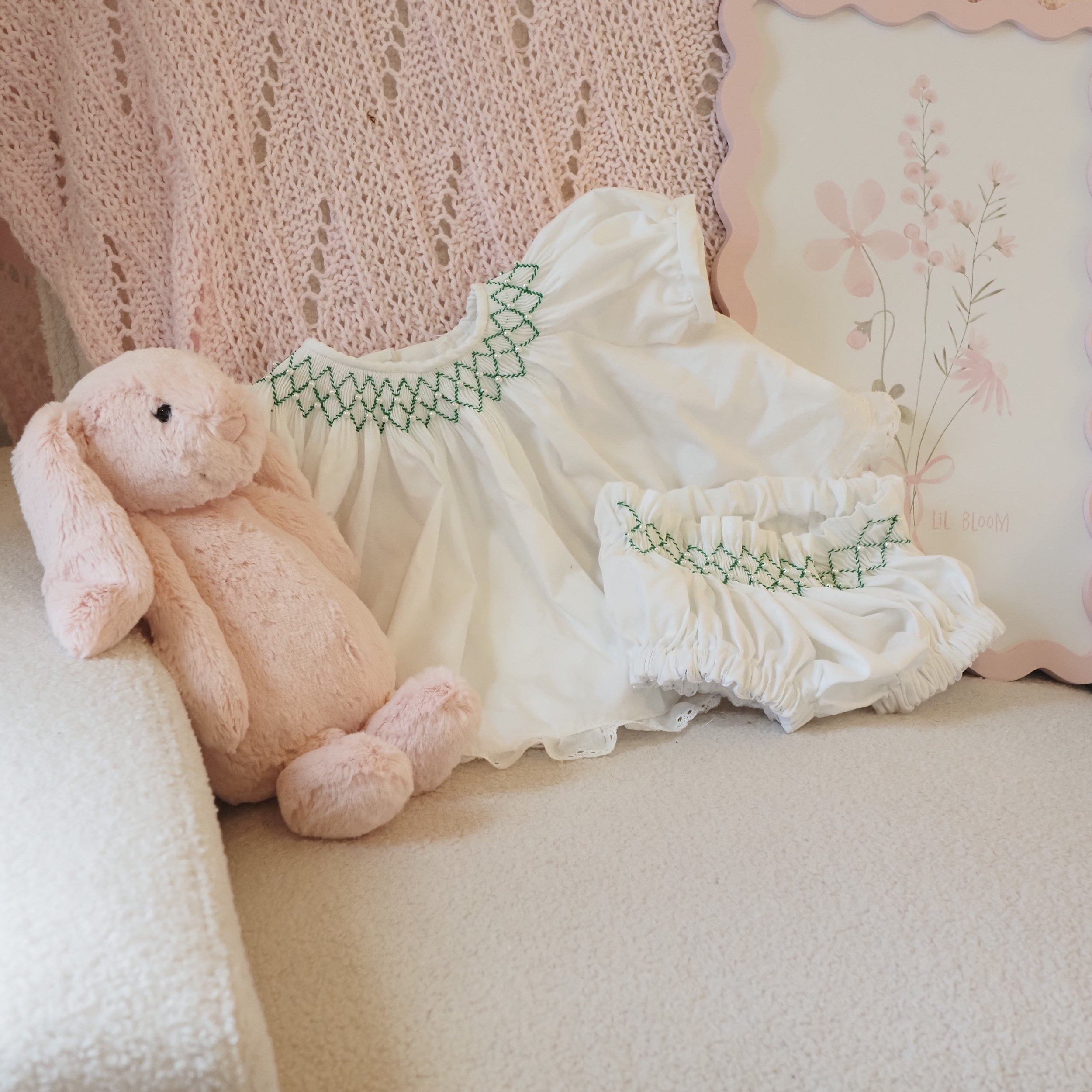 White and Green Smocked Set with Pearls