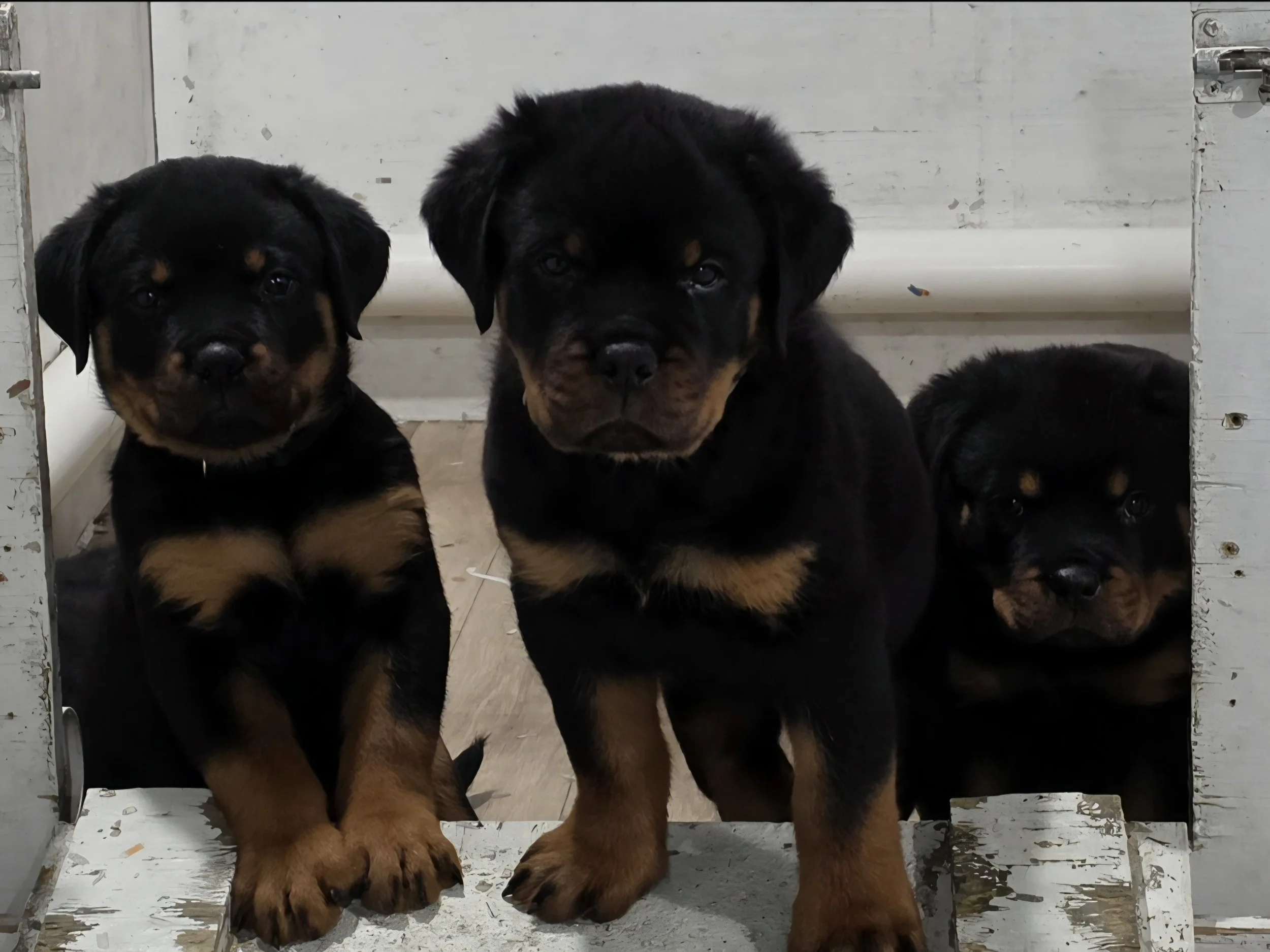 Three Rottweiler puppies sitting in a small white painted wooden box or cart, looking at the camera.
