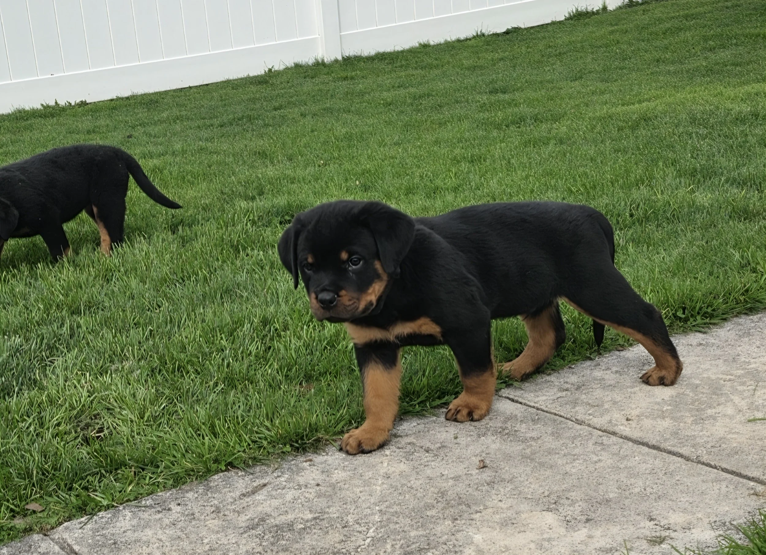 Three black and tan puppies in a backyard with green grass, white fence, and concrete pathway.