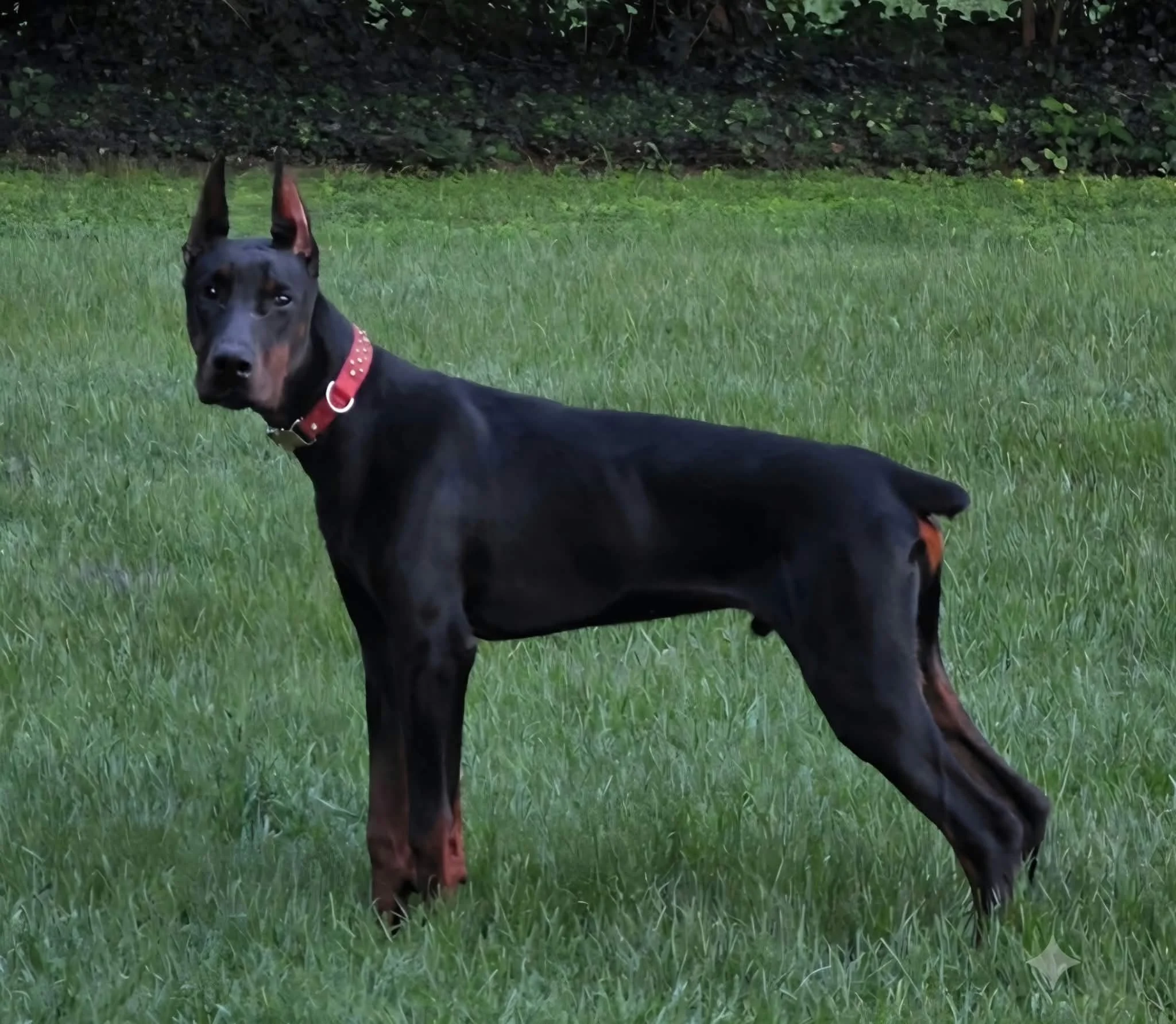 A black and tan Doberman dog lying on green grass, wearing a red collar with silver studs, with a dark leafy background.