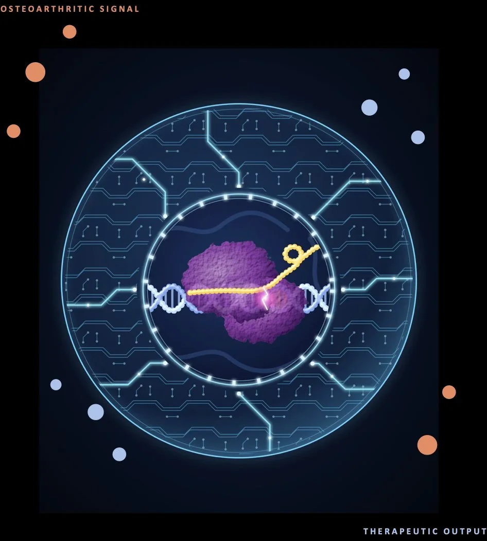 A digital illustration depicting a neural network and electronic circuits surrounding a purple brain-like structure with a DNA double helix, representing a neuroscientific or biotech concept.