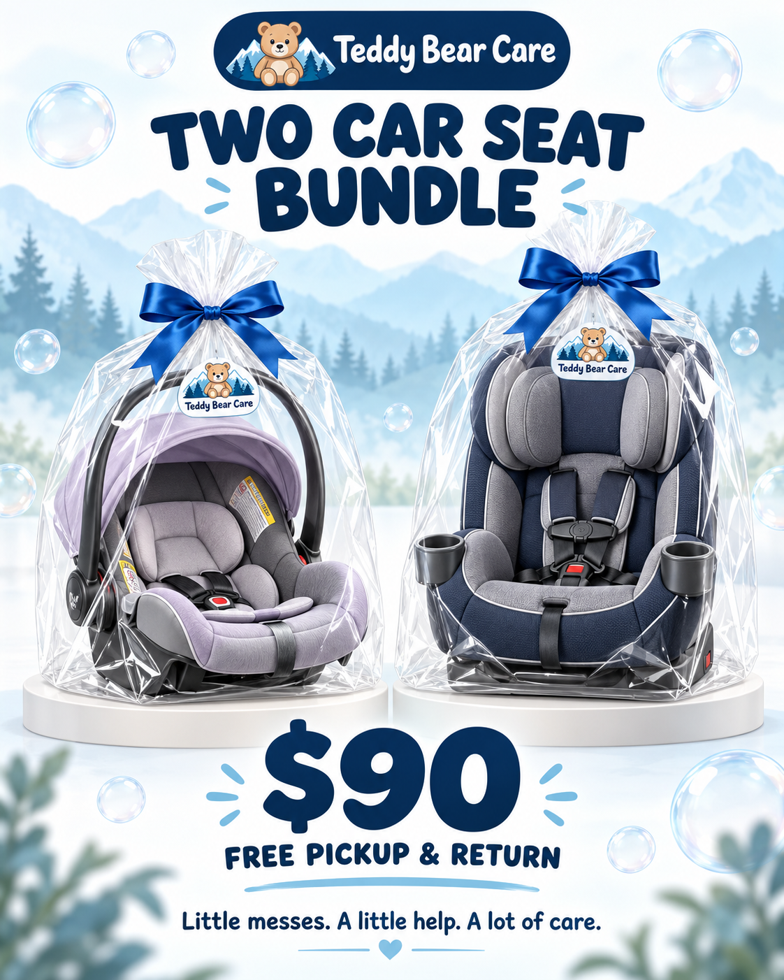Two cleaned car seats in clear protective bags with blue bows advertise a $90 cleaning bundle with free pickup and return.