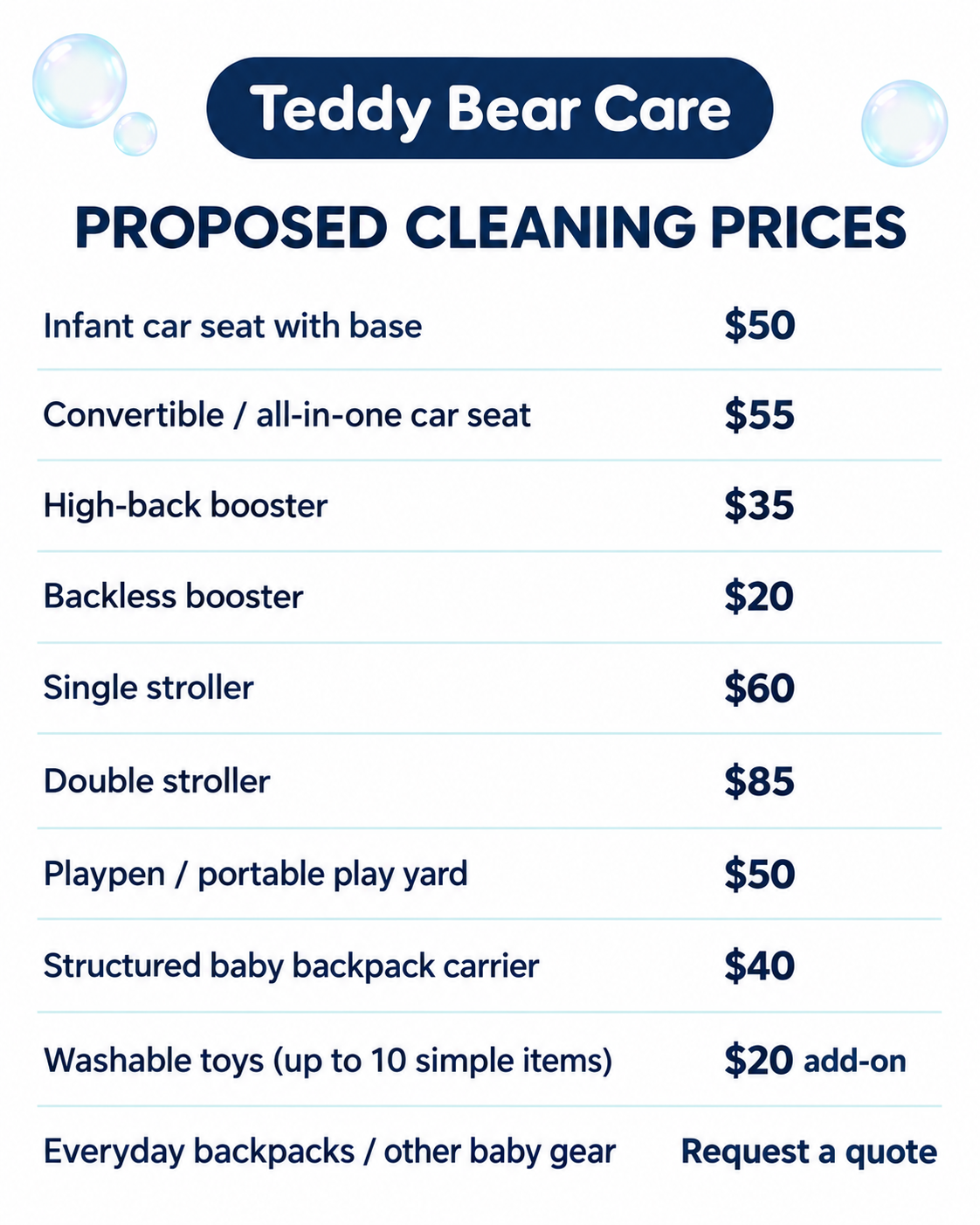 Teddy Bear Care price list for cleaning car seats, strollers, double strollers, playpens, backpacks, and washable toys.