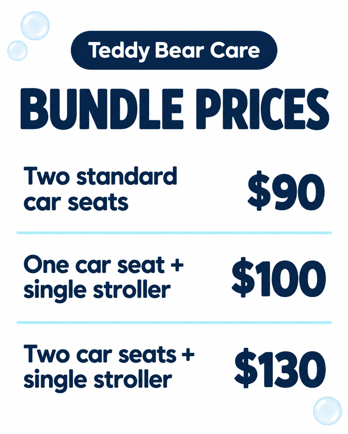 Teddy Bear Care cleaning bundles: two car seats for $90, a car seat and stroller for $100, or two car seats and a stroller for $130.