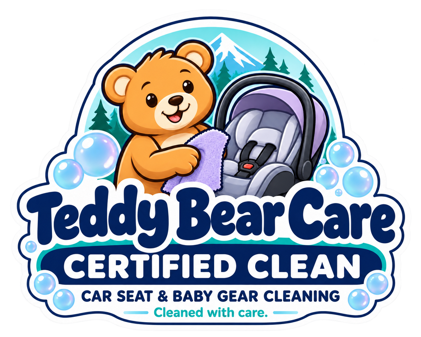 Teddy Bear Care Certified Clean die-cut sticker featuring a cartoon teddy bear, car seat, mountain scenery, and blue accents.