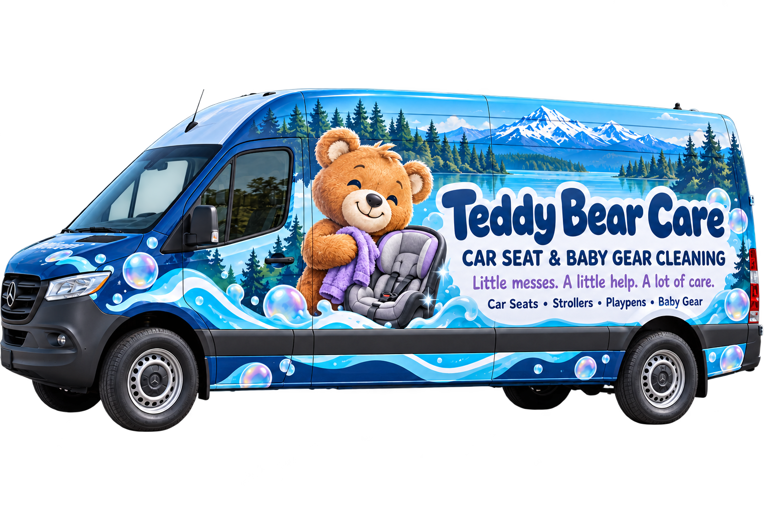Sprinter van wrapped in blue Teddy Bear Care graphics featuring a cartoon bear, car seat, bubbles, and Pacific Northwest mountains.