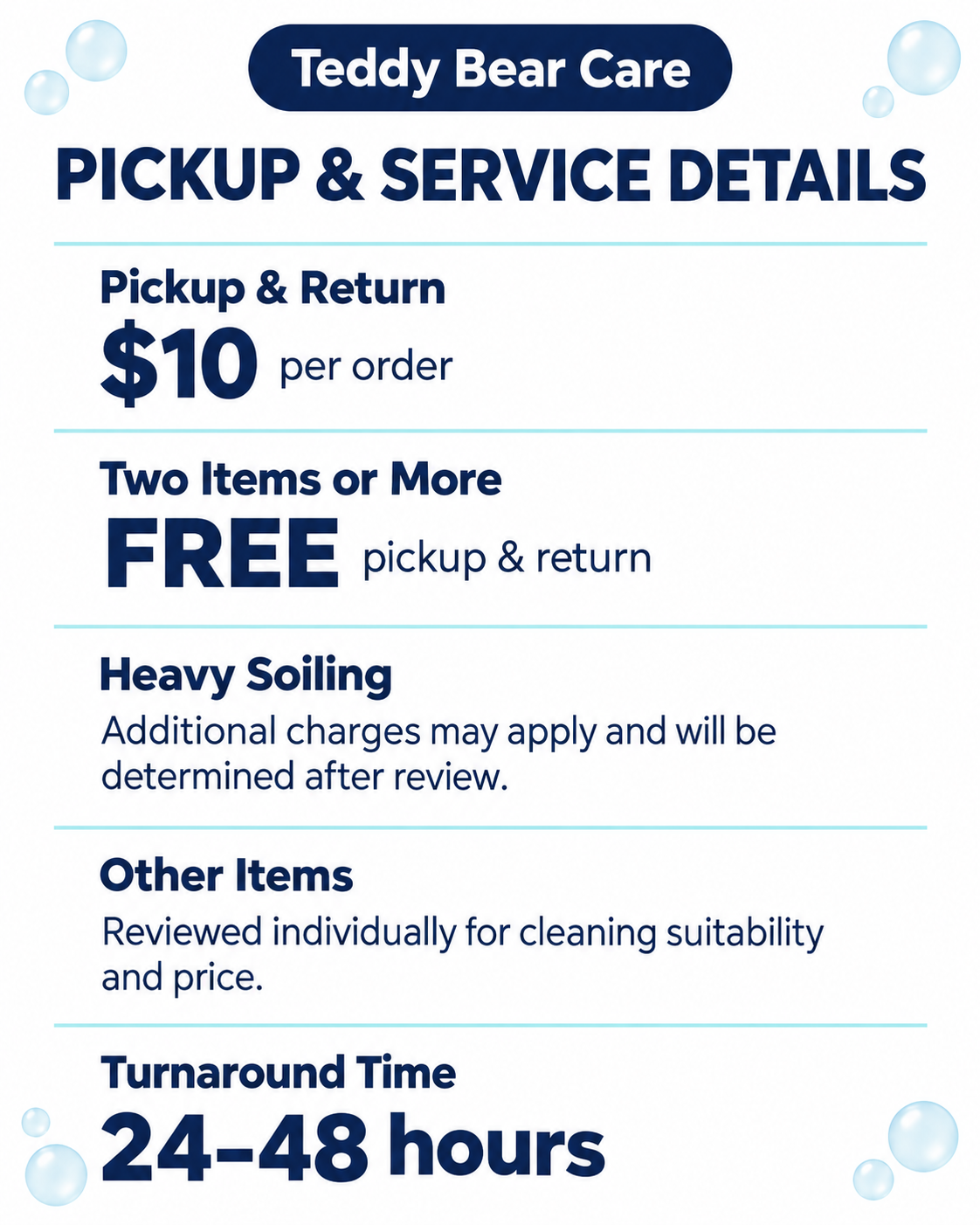 Pickup and return costs $10, or is free with two or more items. Turnaround is 24–48 hours; heavy-soiling charges may apply.