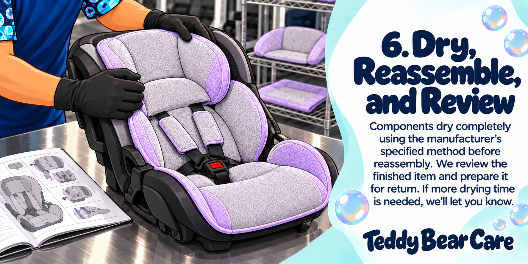 Teddy Bear Care handles Components dry completely using the manufacturer’s specified method before reassembly. We review the finished item and prepare it for return. If more drying time is needed, we’ll let you know.