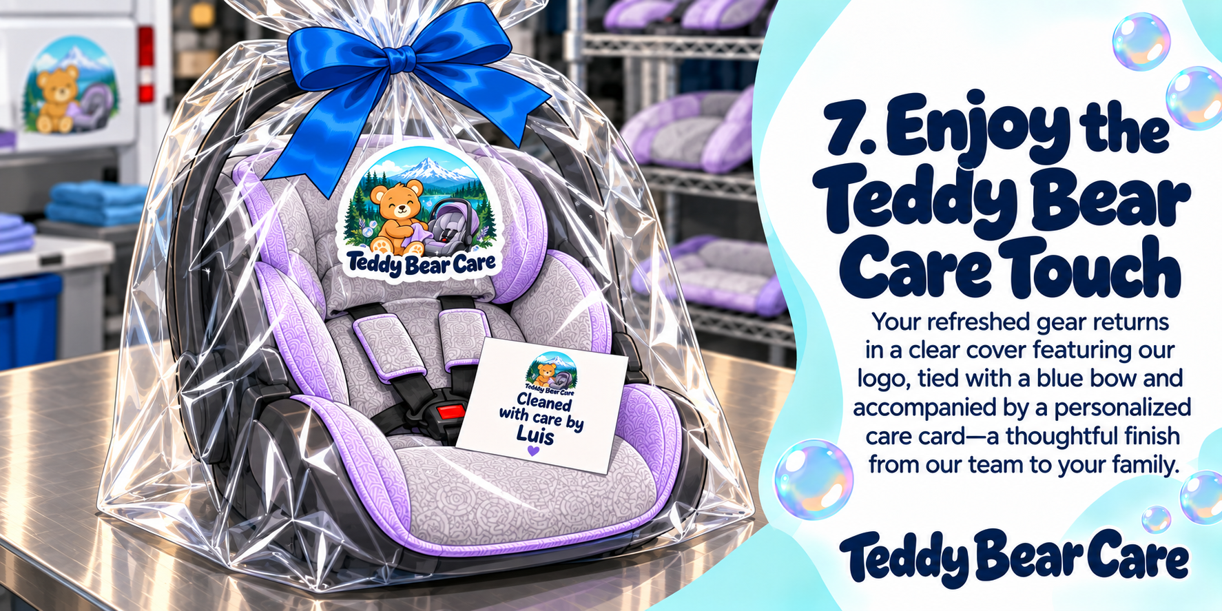 Teddy Bear Care returns Your refreshed gear returns with our signature presentation ribbon and a personalized care card—a thoughtful finish from our team to your family.