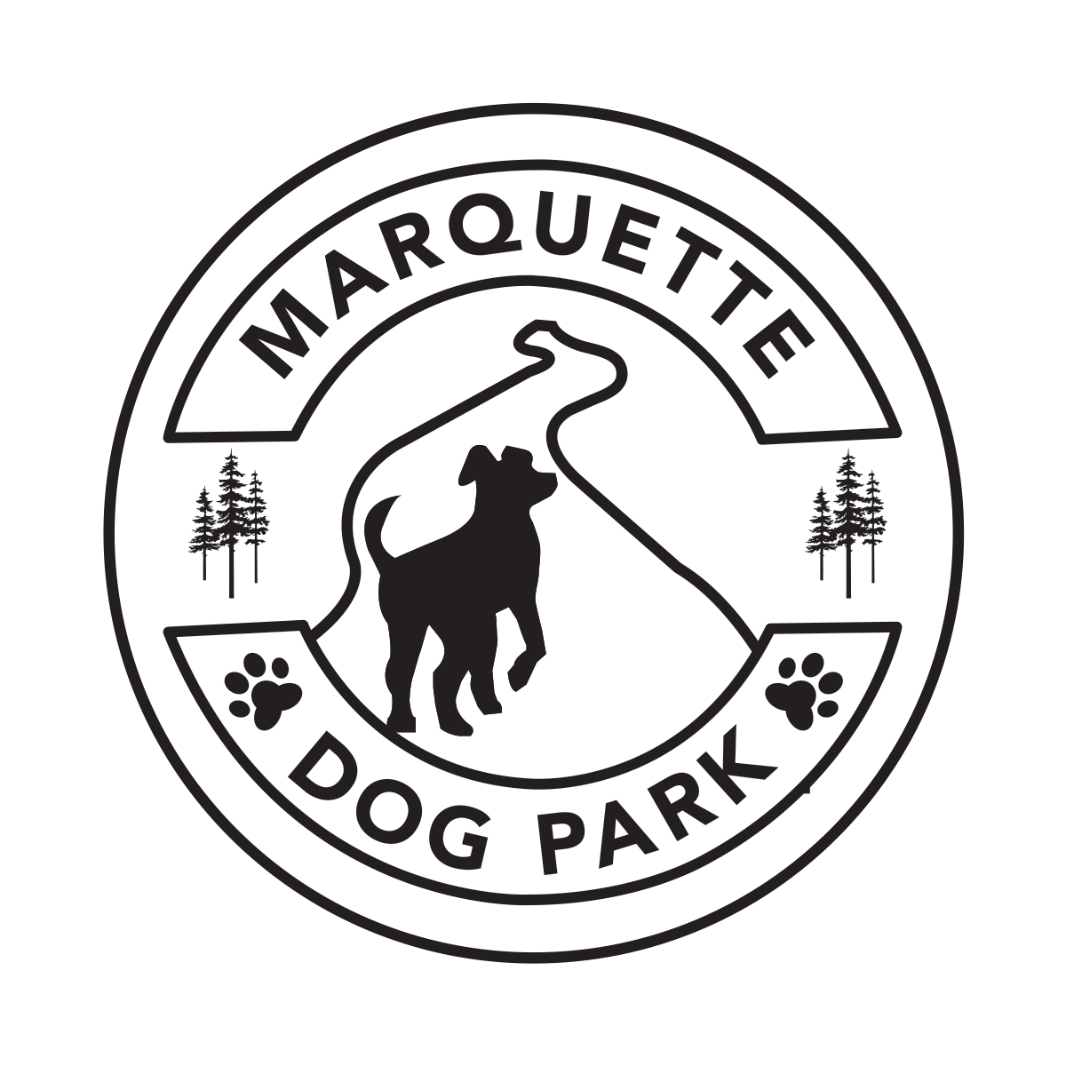 Marquette Dog Park logo featuring a dog silhouette on a winding trail with pine trees and paw prints