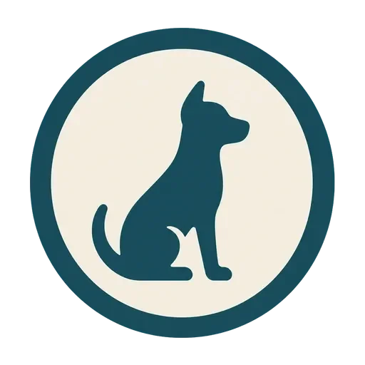 Stylized teal dog silhouette inside a cream circle with a dark teal border