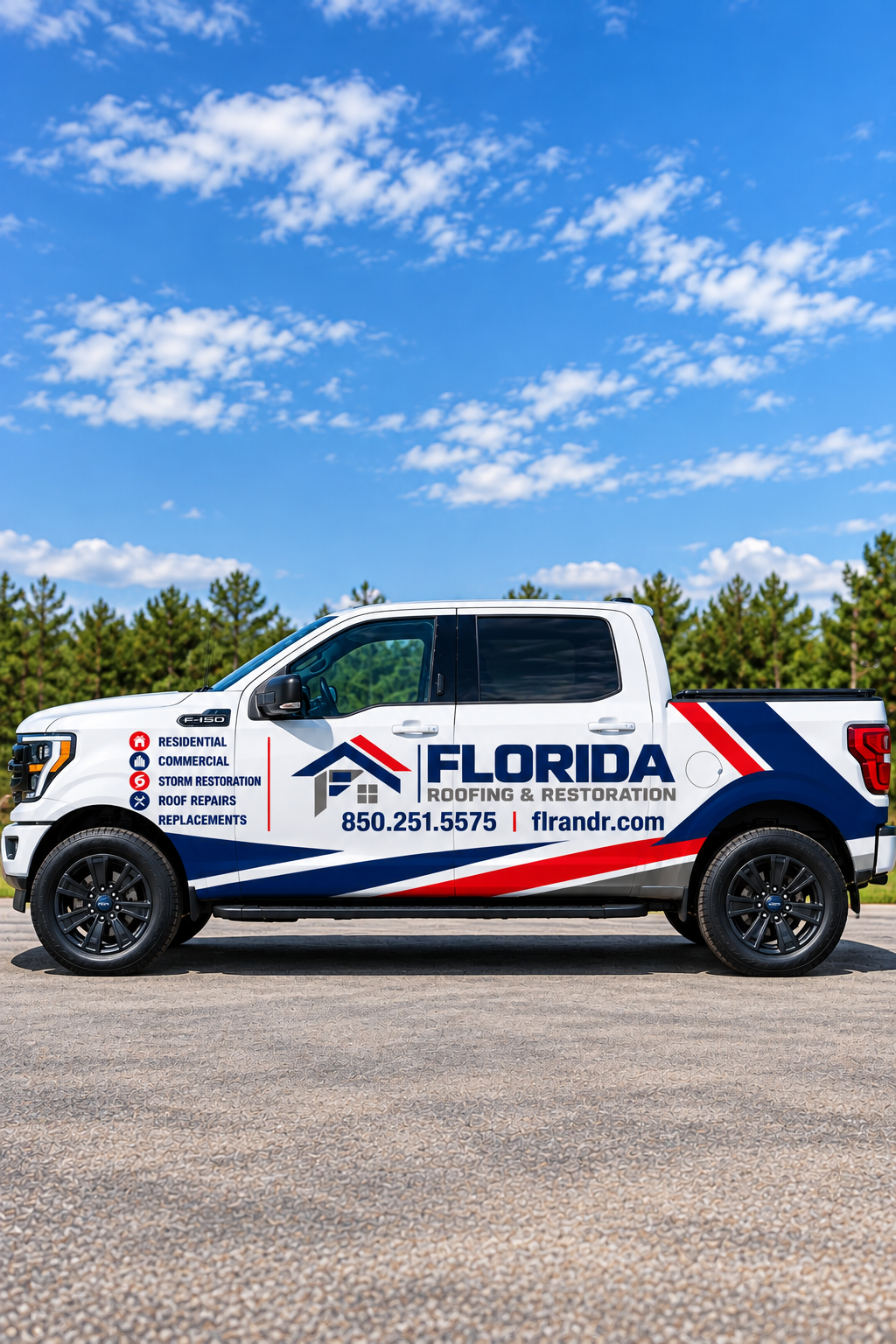 A white pickup truck with Florida Roofing & Restoration branding parked on a paved surface with a background of trees and a blue sky with clouds.