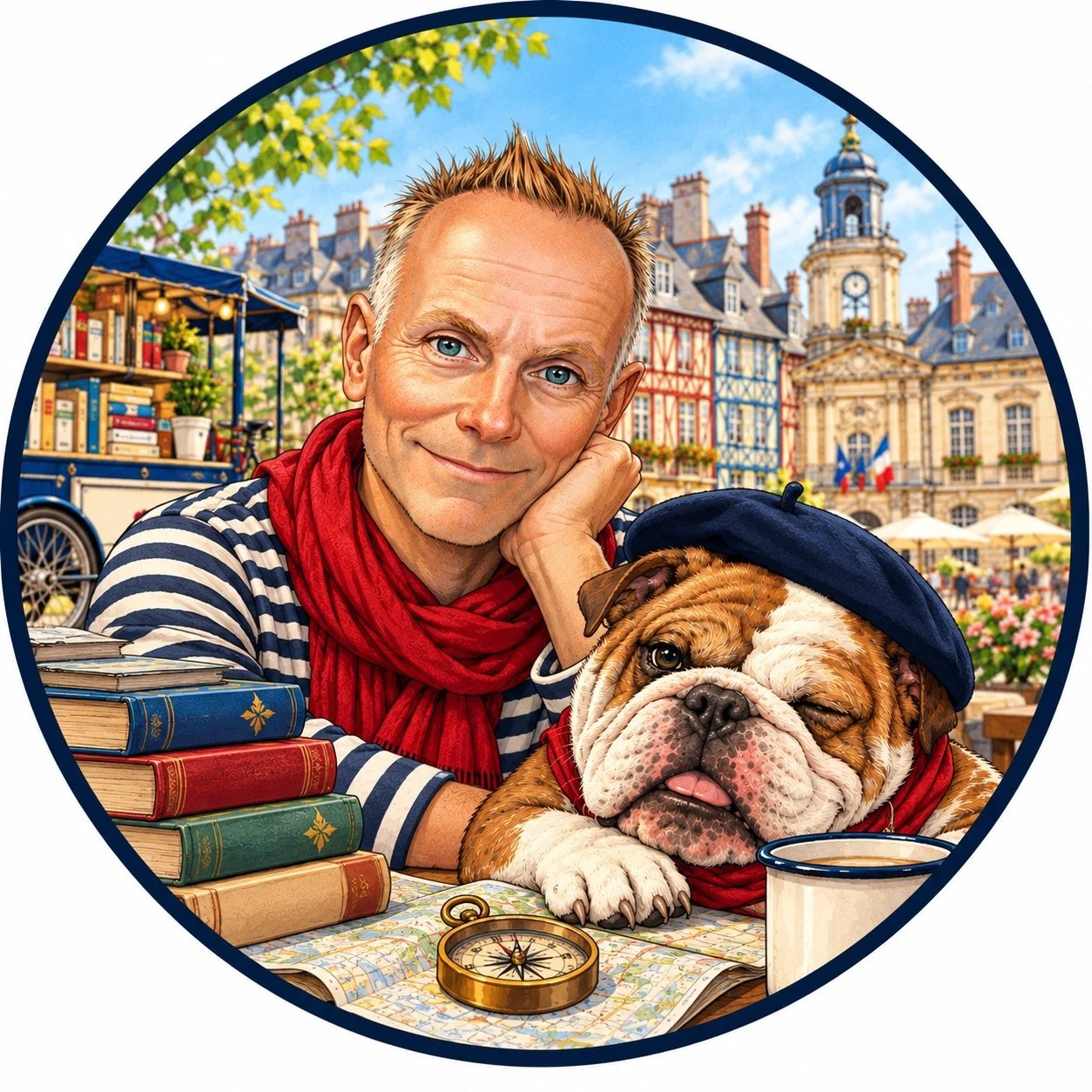 Illustrated portrait of Kip Roberson with the Bouledogue Vagabond in Rennes