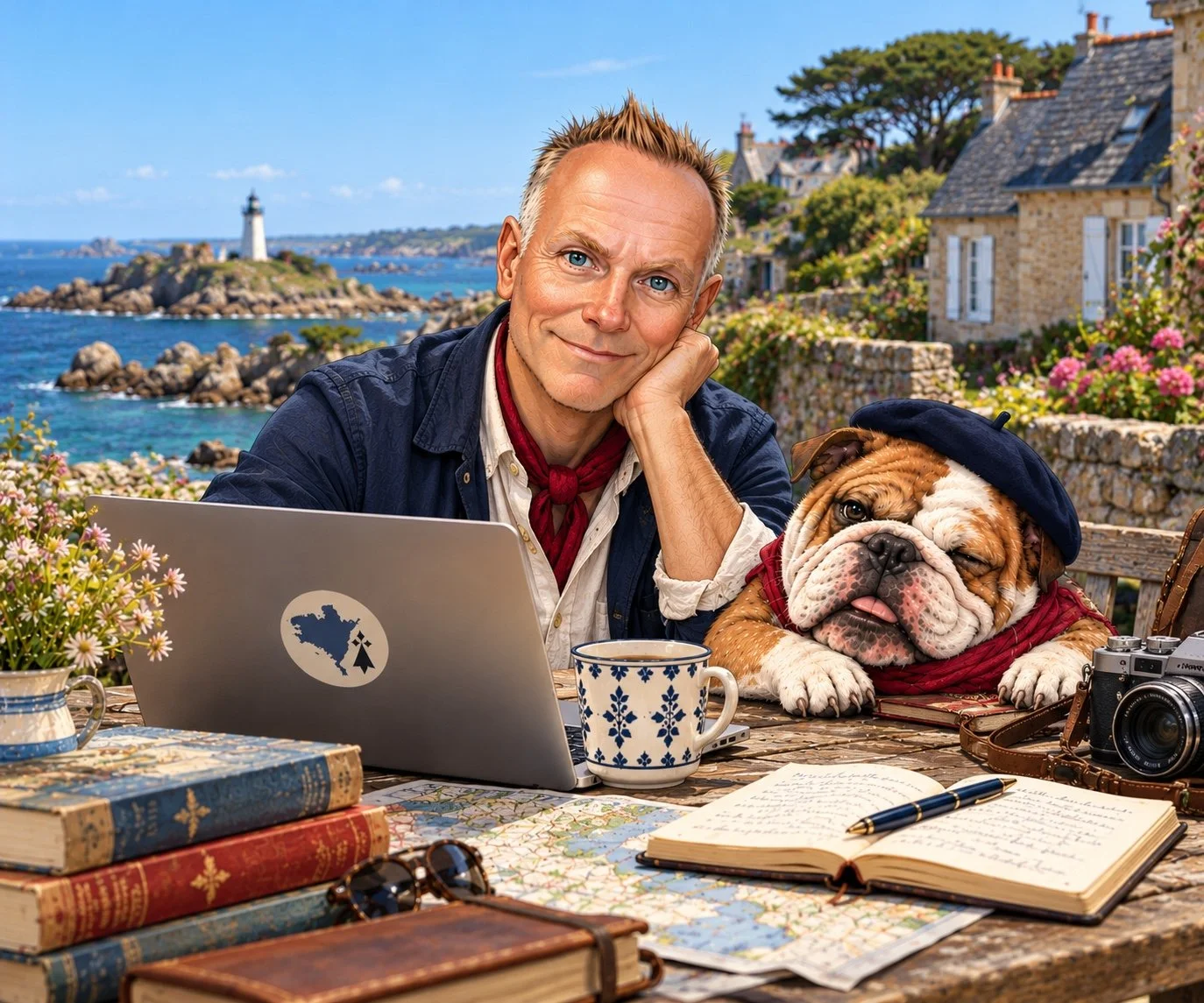 Illustration of Kip and the Bouledogue writing their journal on the Brittany coast.