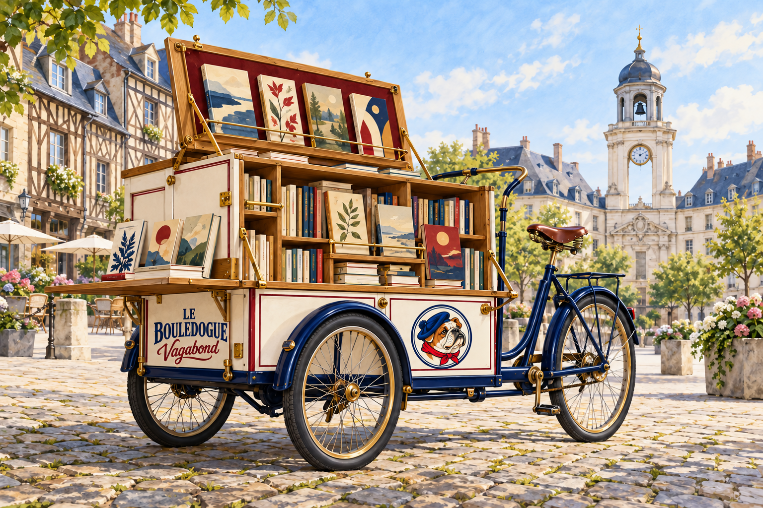 Illustration conceptuelle du vélo-librairie Le Bouledogue Vagabond dans un décor inspiré de Rennes.