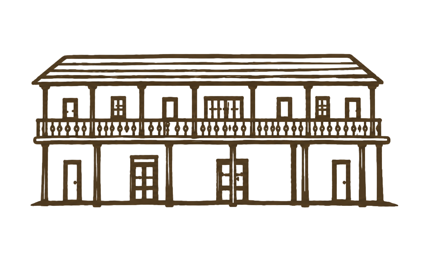 Outline of a two-story wooden house with a porch and balcony, showing the structure's framing.