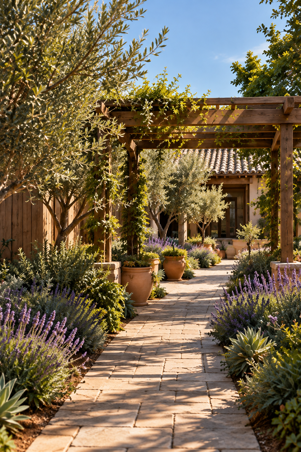 A sunny garden pathway with potted plants, trees, and purple flowers, leading to a house with a tiled roof and wooden pergola.