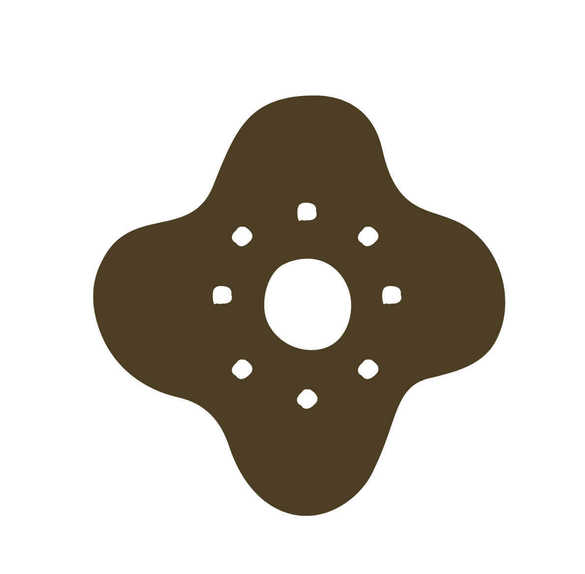A brown, four-lobed, symmetrical object with a central hole and eight smaller holes around it, resembling a gear or mechanical part.