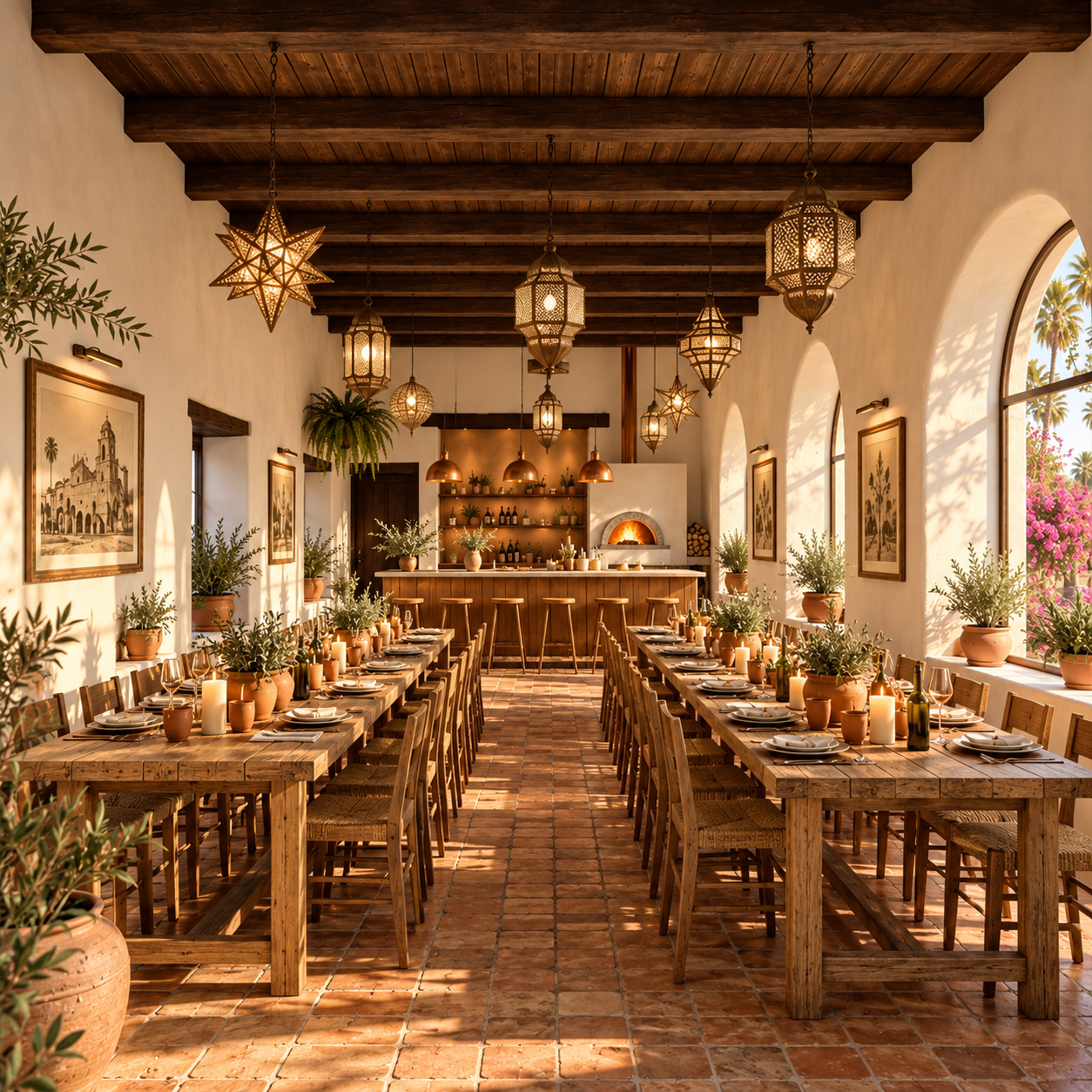 A warmly lit dining area with two long wooden tables set for a meal, each with plates, glasses, cutlery, candles, and potted plants as centerpieces. The room has a rustic feel with terracotta floor tiles, white walls decorated with framed artwork, and large arched windows letting in natural light. Hanging lantern-style lights decorate the ceiling, and a bar with stools and shelves of bottles is at the back.