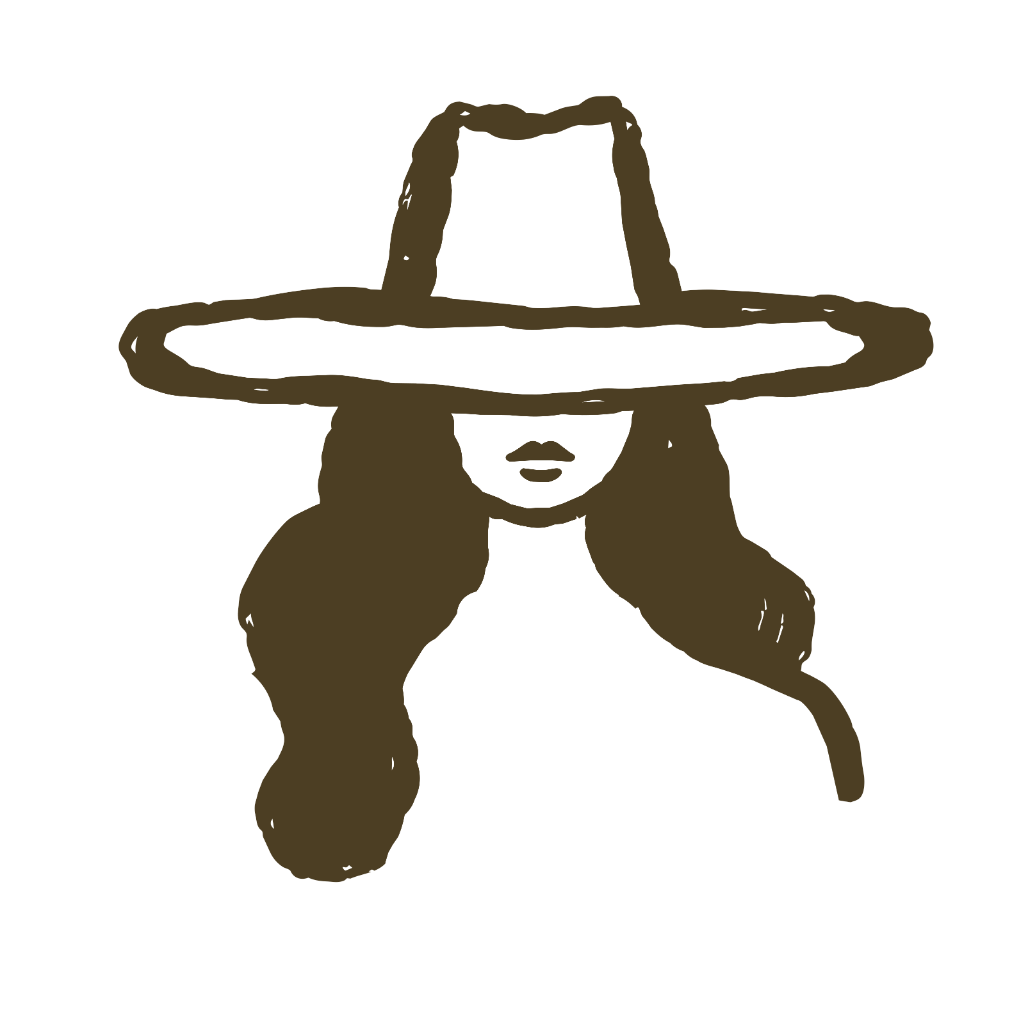 Drawing of a woman wearing a large sombrero hat with a wide brim, facing forward.