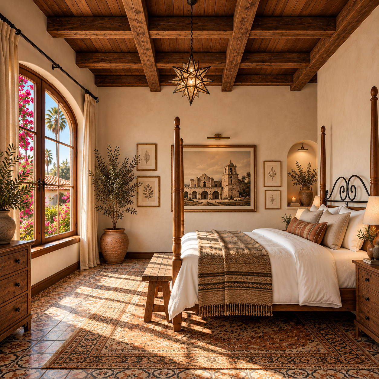 A cozy bedroom with a large wooden-framed bed, decorative pillows, and a woven throw blanket. There's a wooden bench at the foot of the bed, a patterned area rug, and two nightstands with lamps. The room has a high, wooden-beam ceiling, framed artwork on the walls, potted plants near a large arched window, and natural sunlightstreams in, illuminating the space.