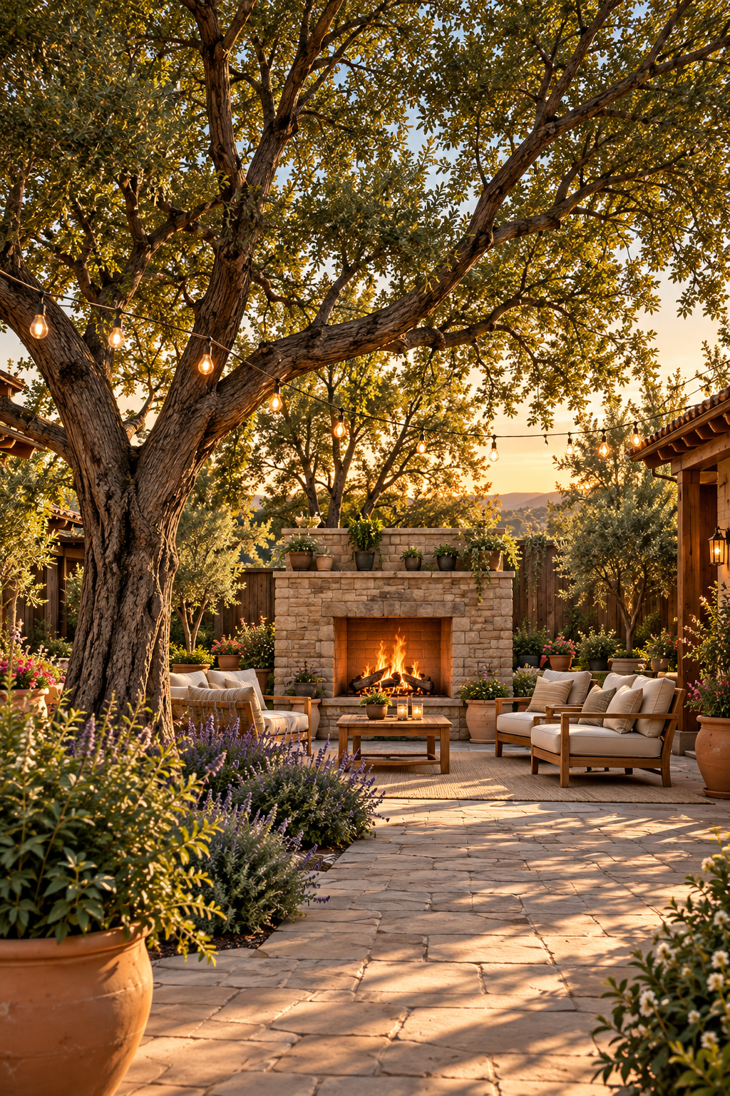 A cozy outdoor patio at sunset with a large tree, string lights, a stone fireplace with a fire, comfortable chairs with cushions, and potted plants and flowers surrounding the area.