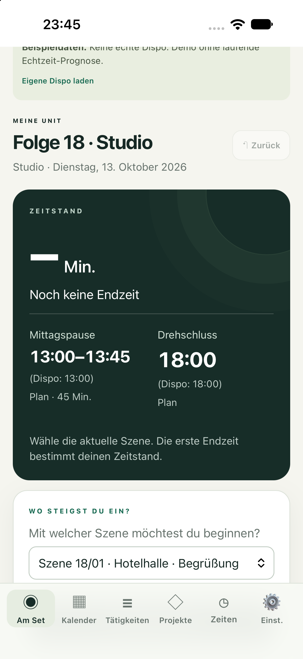 iPhone: Dispo mit geplanten Zeiten für Mittagspause und Drehschluss. Demo-Beispieldaten.