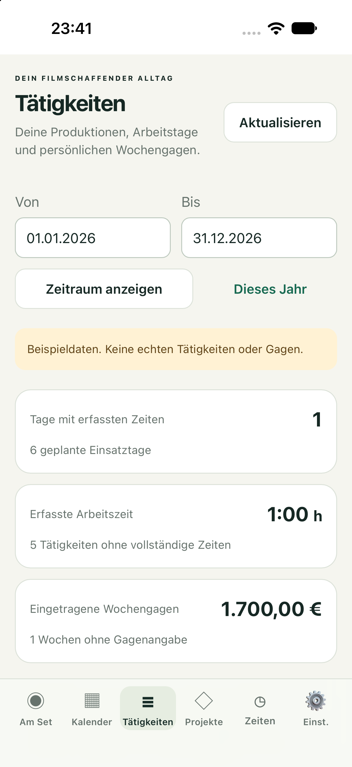 iPhone: Datumsbereich, Arbeitszeiten und private Wochengagen nach Produktion. Demo-Beispieldaten.