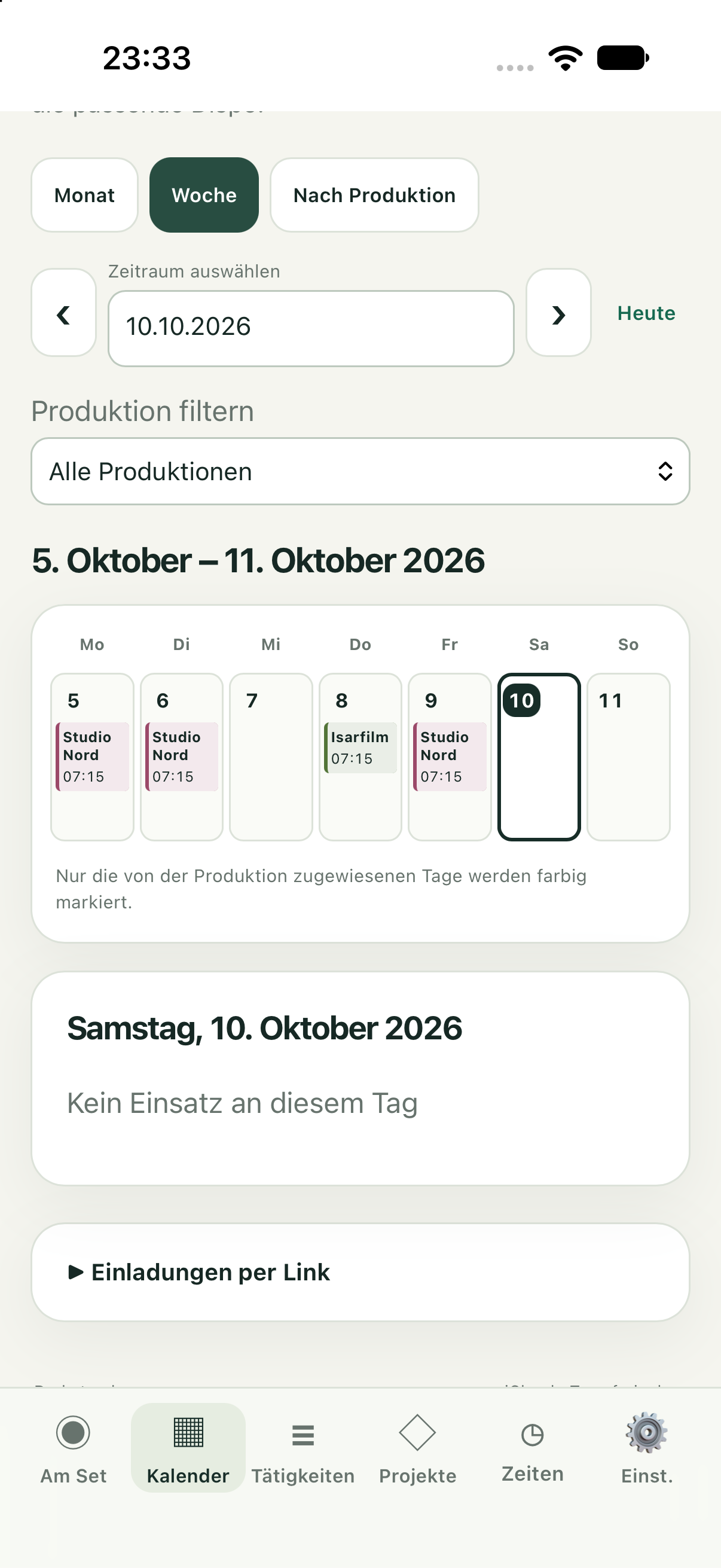 iPhone: zwei Produktionen im persönlichen Kalender, freie Tage bleiben frei. Demo-Beispieldaten.