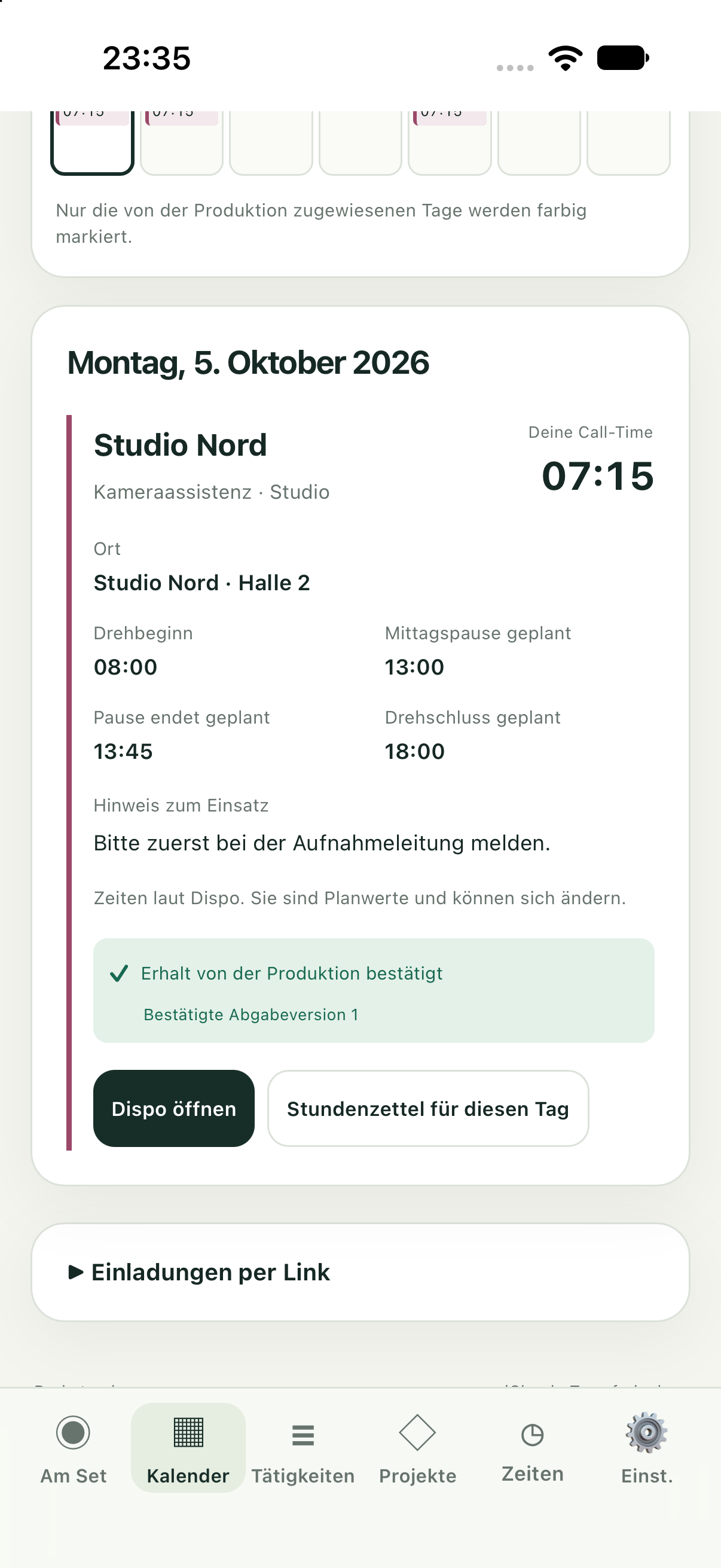 iPhone: Position, Call-Time, Ort und Dispo-Zeiten für den ausgewählten Einsatz. Demo-Beispieldaten.