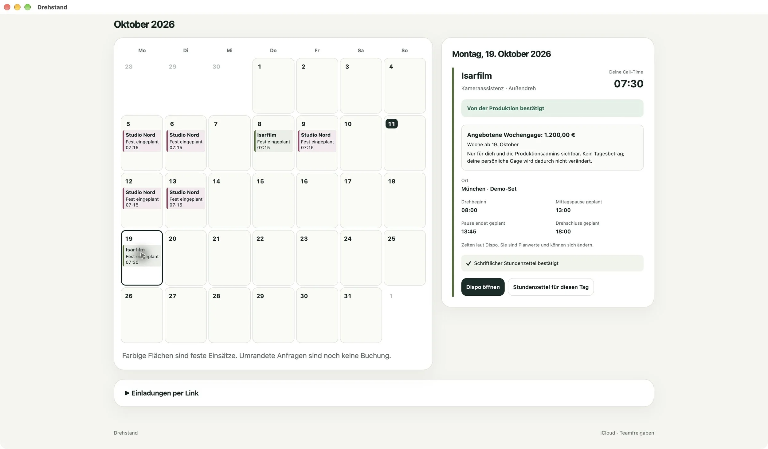 Mac: persönlicher Kalender neben der Tagesübersicht, mit bestätigtem Einsatz und Papier-Stundenzettel. Demo-Beispieldaten.