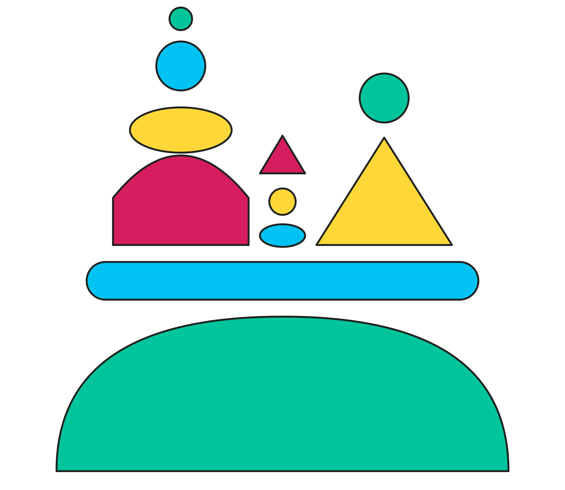 A colorful abstract illustration of a person and objects, including a large semi-circle base, smaller circles, a triangle, and oval shapes, arranged on a platform.
