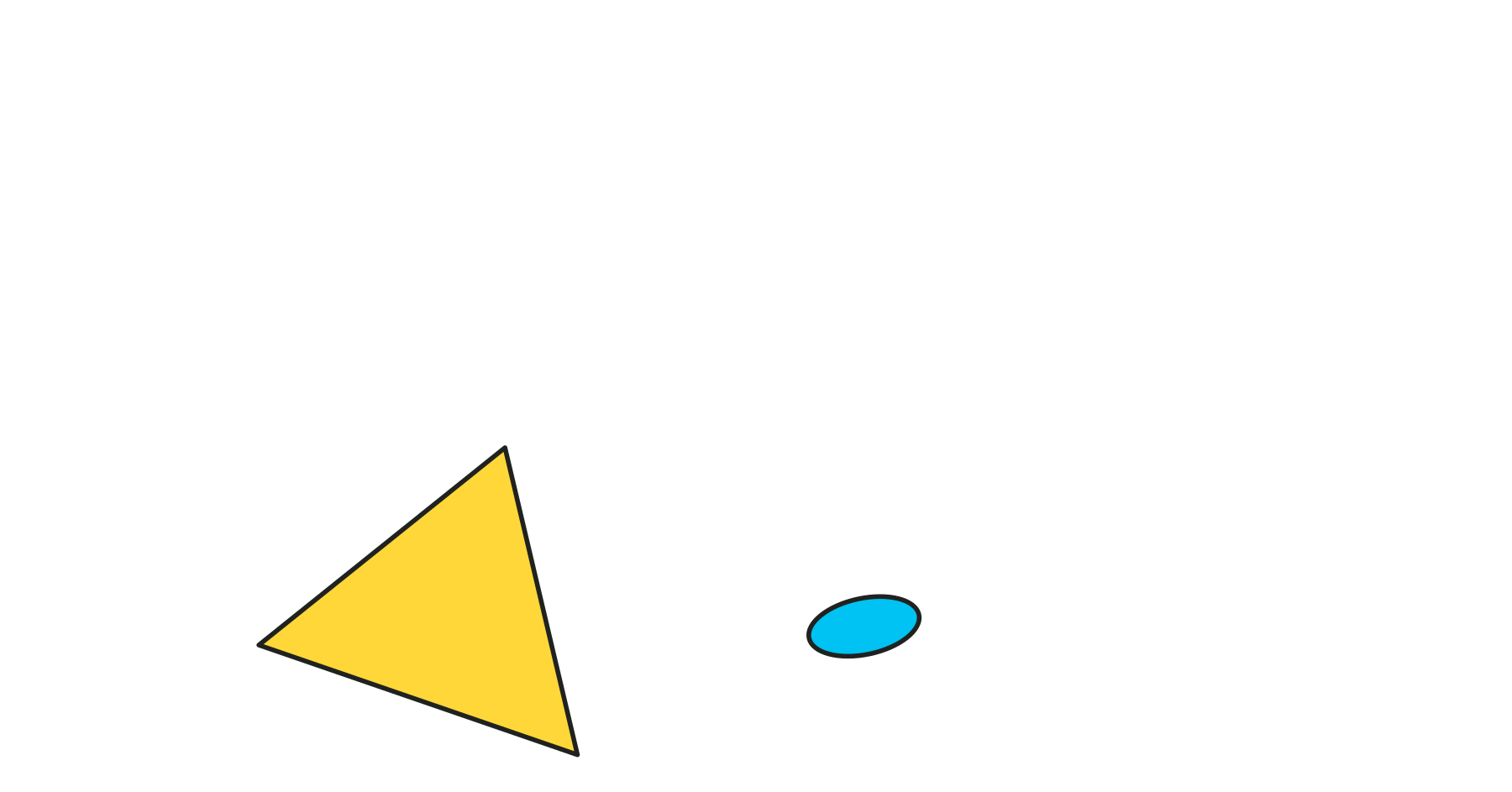 A black line drawing of a simple human figure lying on its side with a yellow triangle pointing towards its head and a small blue oval shape near the body.