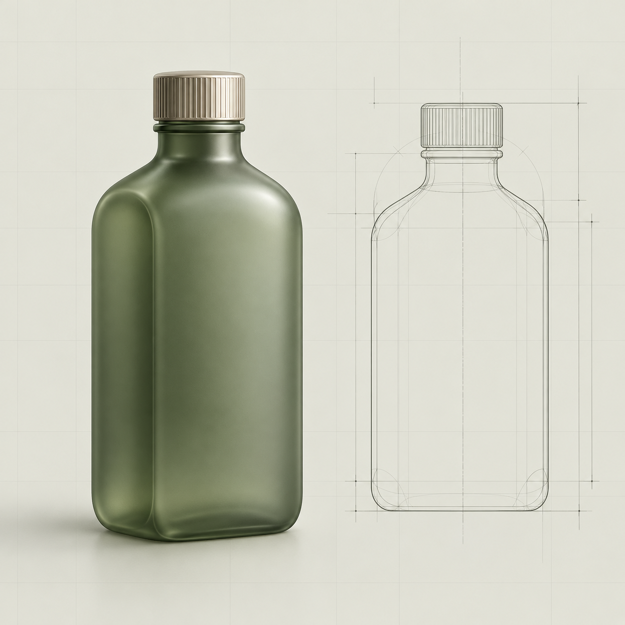Illustrative bottle concept with engineering outline.
