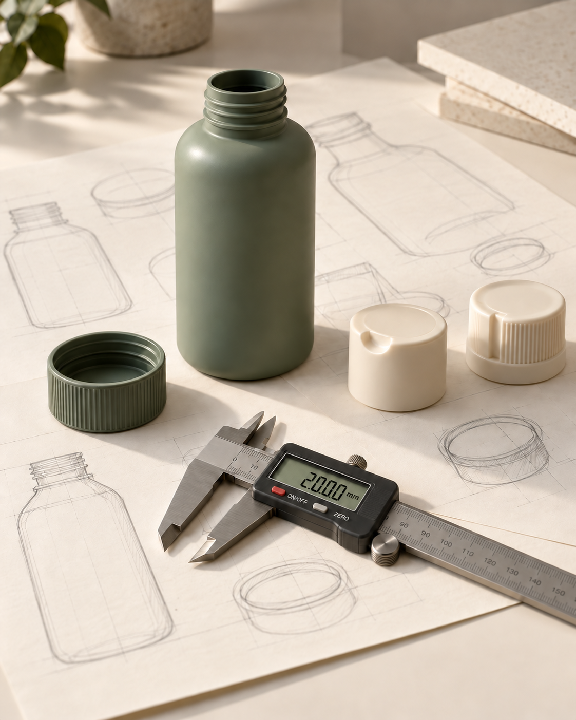 Illustrative bottle and closure concepts with a digital caliper on packaging design sketches.