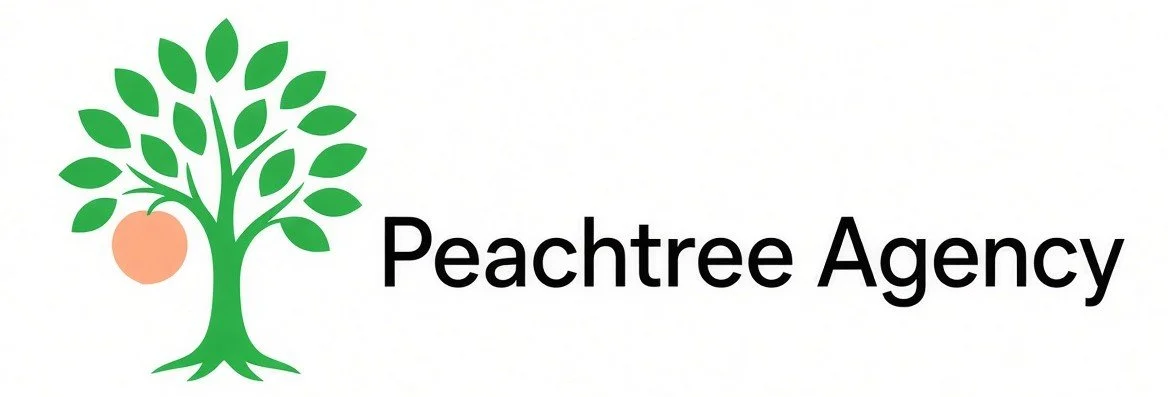Logo of Peachtree Agency with a green peach tree and an orange peach hanging from a branch.