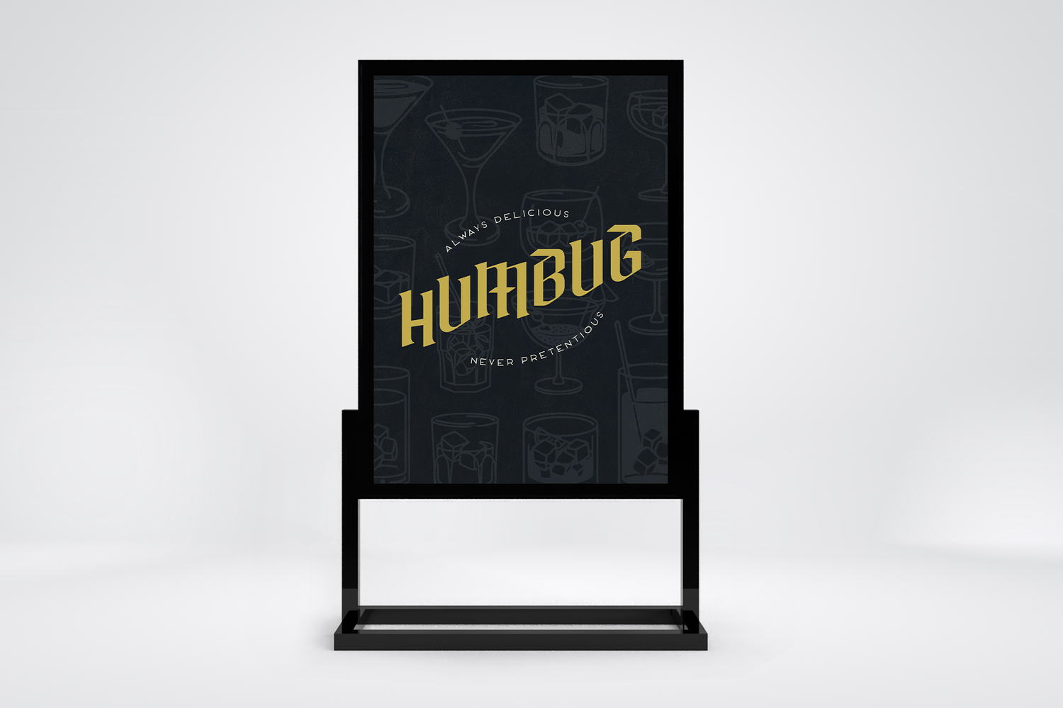 Black HumBug cocktail bar sign featuring gold lettering and drink illustrations