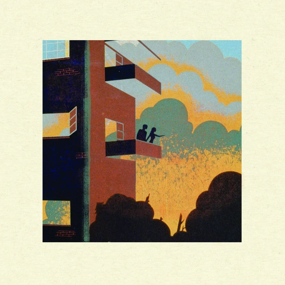 Stylized illustration of two silhouetted people on a red apartment balcony overlooking a glowing sunset sky and dark treetops.