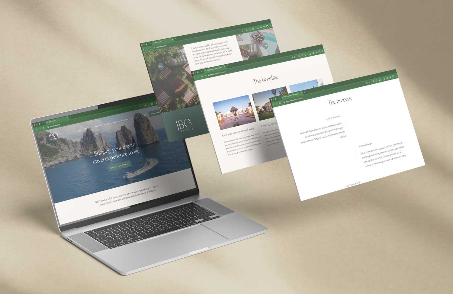 Laptop displaying a travel website with floating browser windows showing the benefits and process pages for JBG Travels.