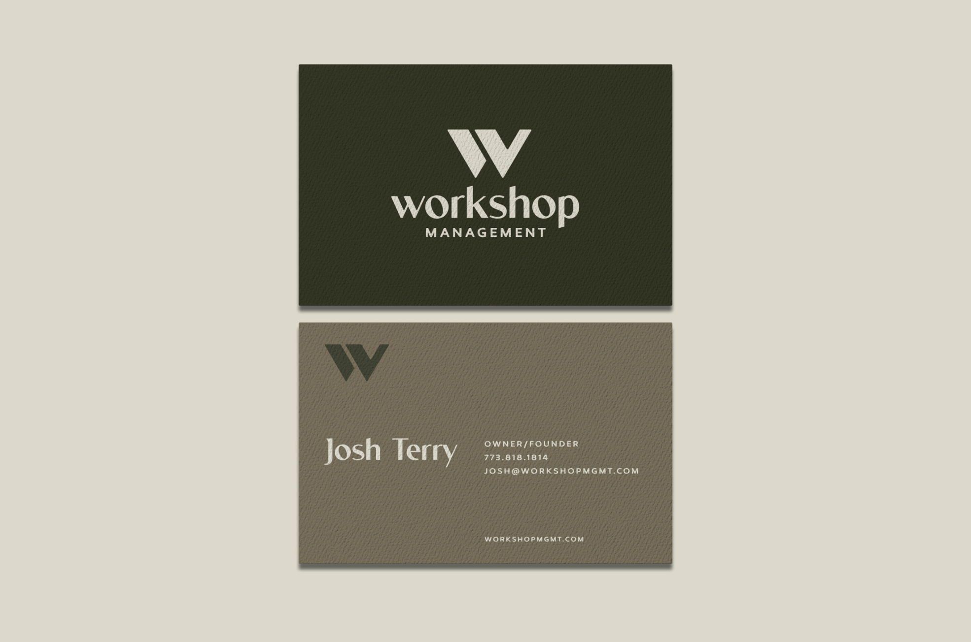 Workshop Management business card design for Josh Terry, featuring logo, phone number, email, and website.
