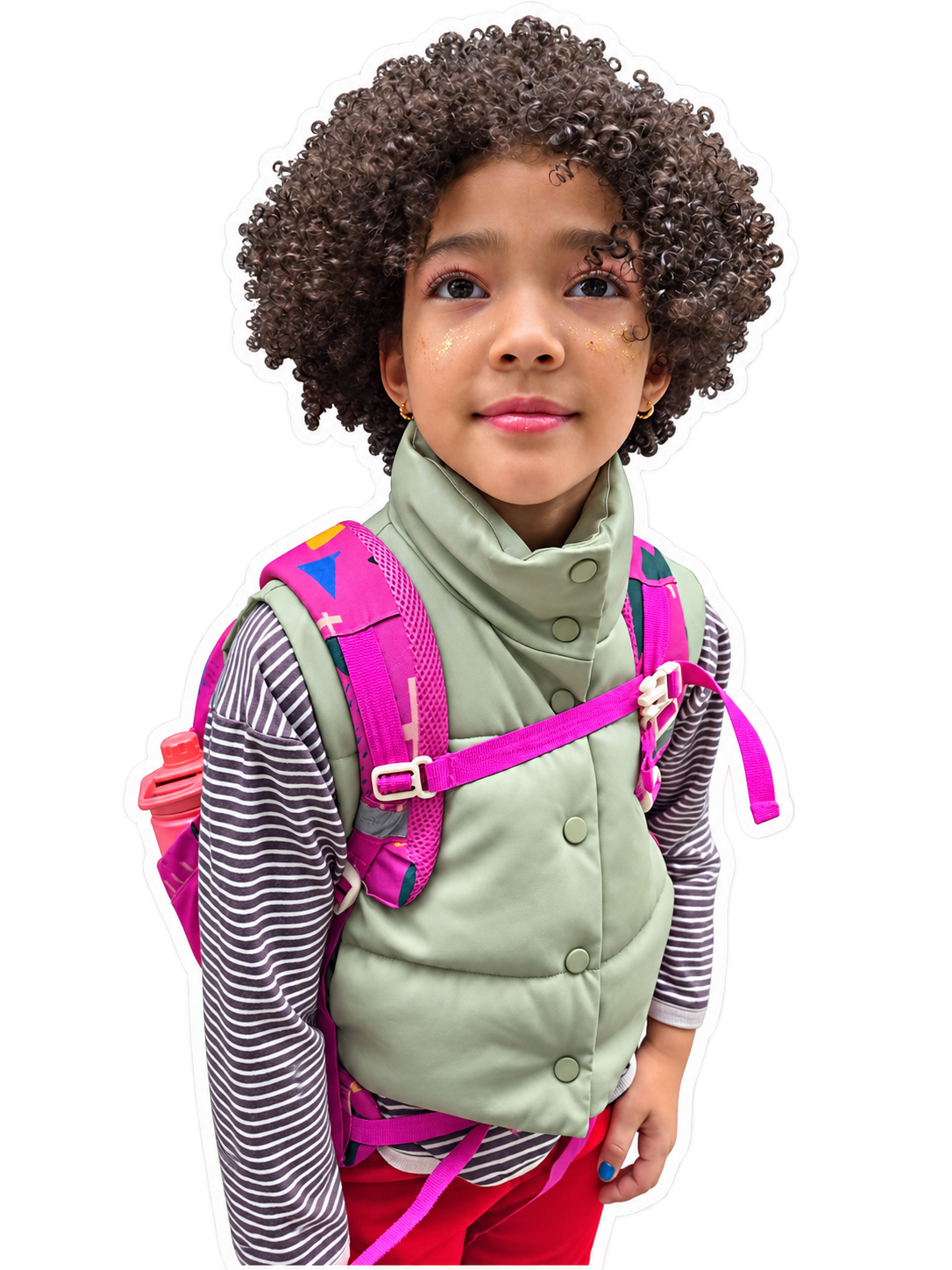 Young girl with curly hair wearing a green vest, striped shirt, and red pants, carrying a pink backpack with a water bottle, smiling