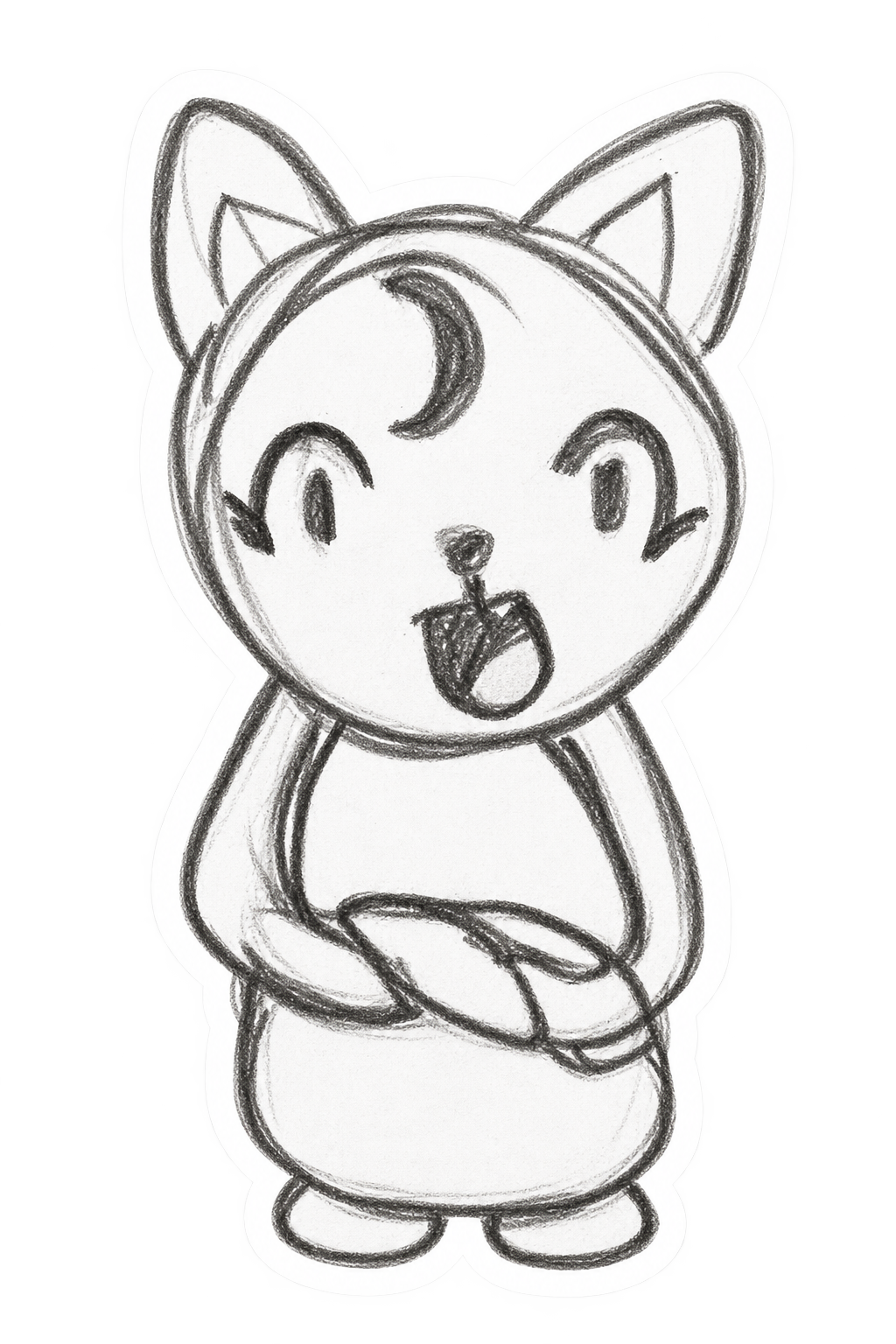 Black and white sketch of a character with a cat-like face, large ears, and a small body, displaying a surprised or excited expression with an open mouth, one eye winking, and a crescent moon symbol on its forehead.