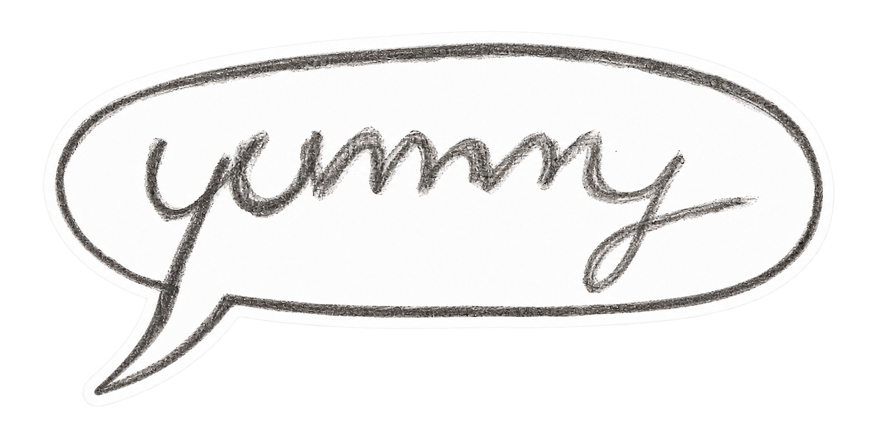 The image features a speech bubble with the word 'yummy' written inside in a cursive style.