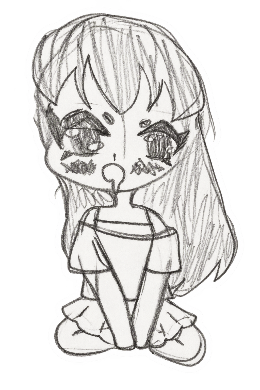 Hand-drawn sketch of a girl with long hair sitting cross-legged, with large expressive eyes and a sad or distressed expression.