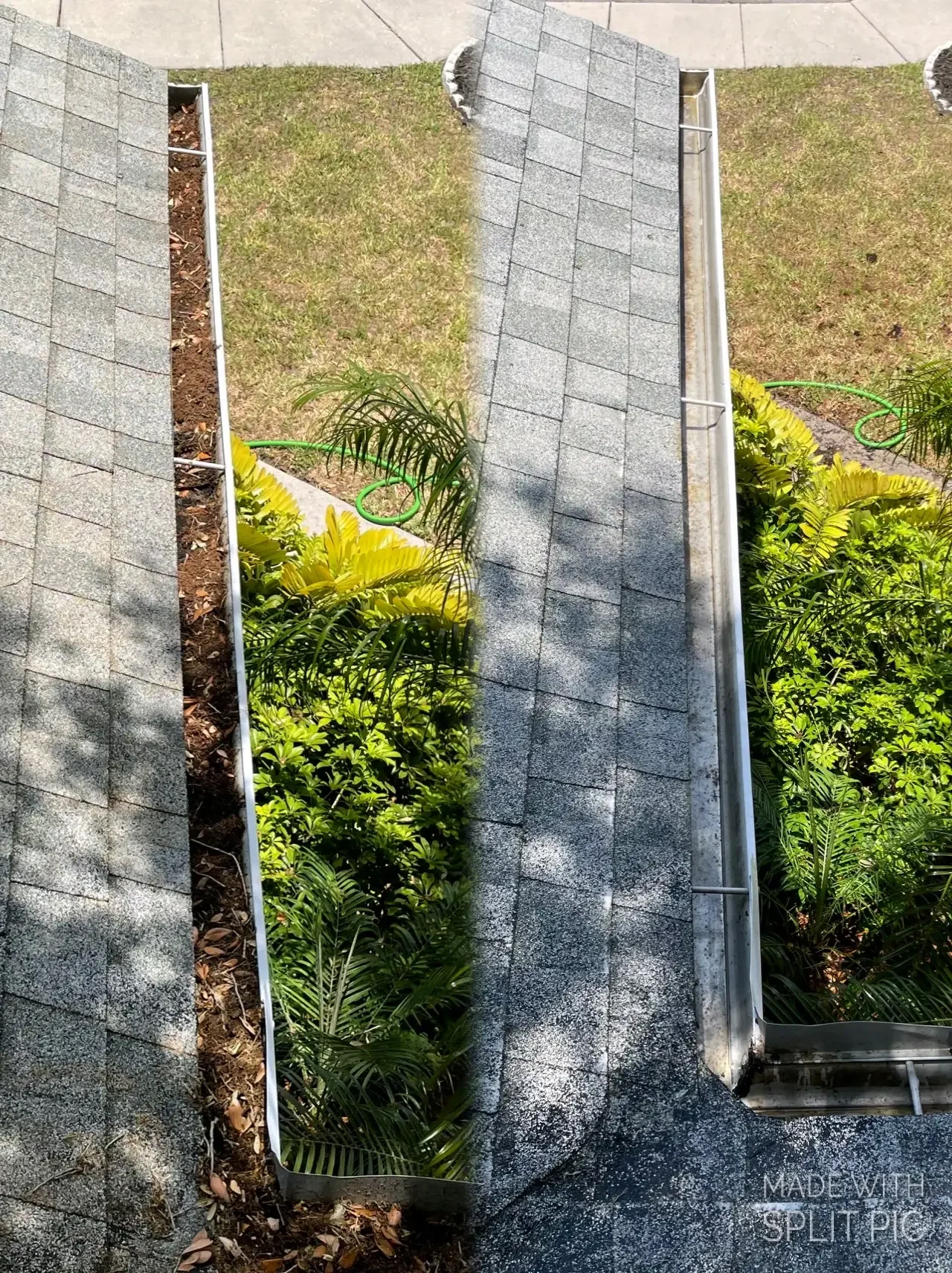 Before and after gutter cleaning and downspout debris clearance on residential roofline in Bradenton FL