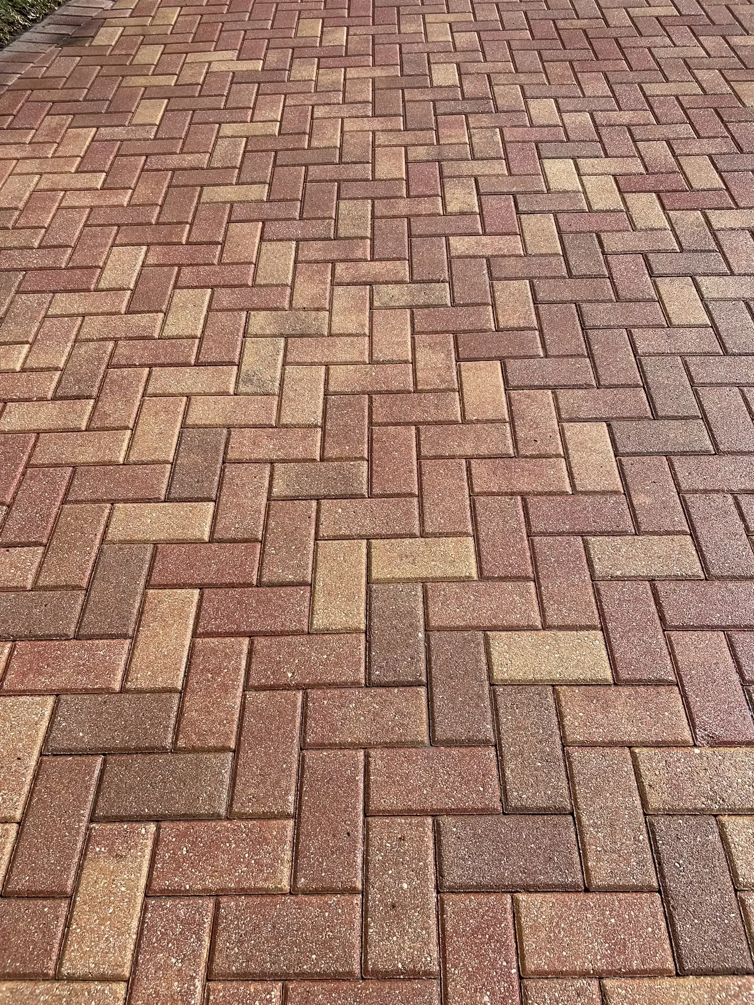 Herringbone brick paver sealing and color enhancement on residential driveway in Sarasota FL