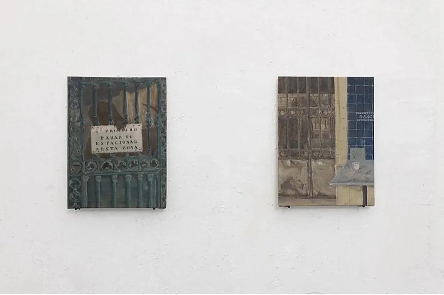 Installation view of two mixed-media painting artworks by Youjeong Kim in Déjà Vu (2024) at Dialogue Gallery, Lisbon, featuring architectural imagery, textured surfaces and layered details.