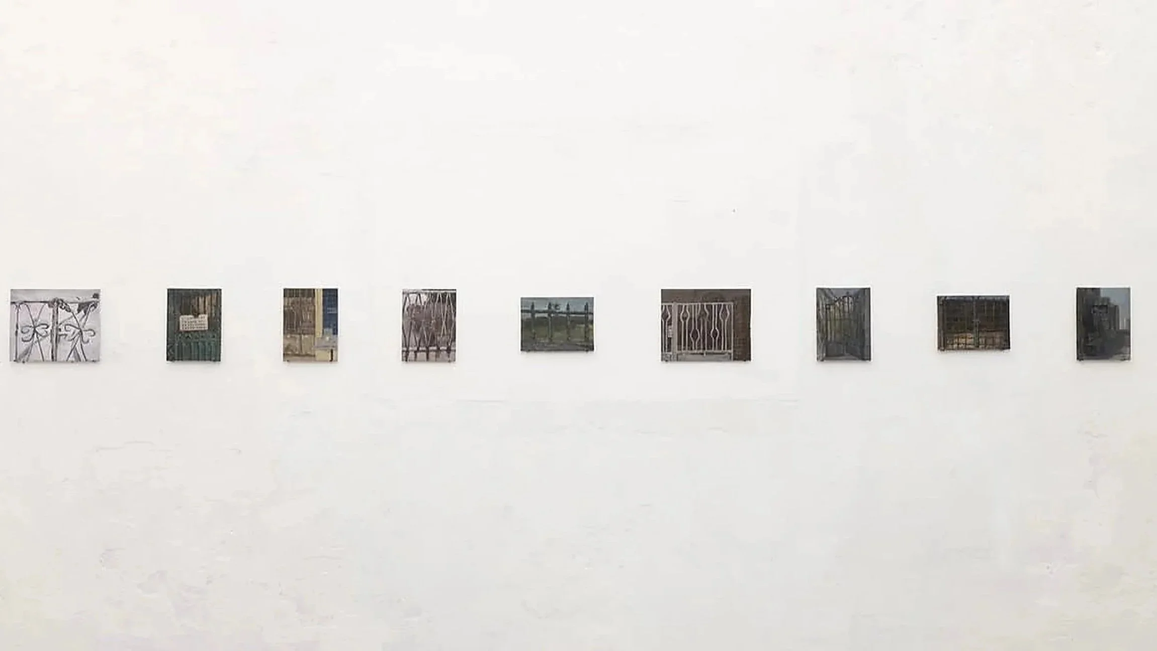 Installation view of a series of small-scale mixed-media painting artworks by Youjeong Kim, arranged in a horizontal sequence along a white gallery wall for Déjà Vu (2024) at Dialogue Gallery, Lisbon.