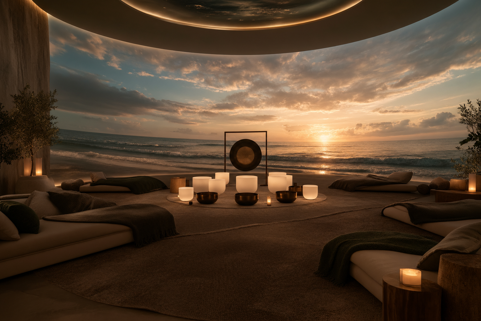 Indoor yoga or meditation space near a beach at sunset with floor cushions, glowing lamps, and decorative items.